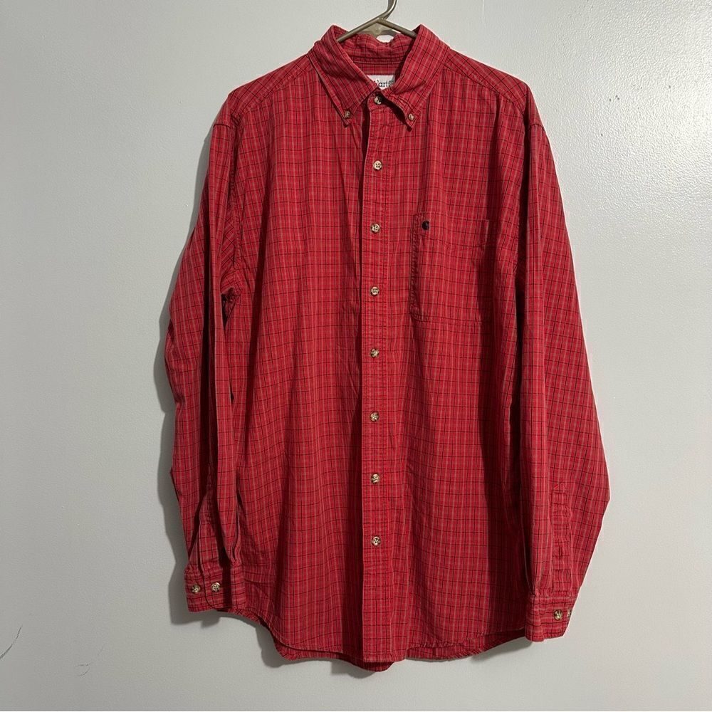 Carhartt Shirt Red plaid Button Down Long Sleeve size L Tall
